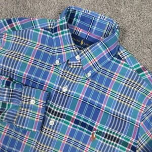 Ralph Lauren Shirt Mens XS Blue Madras Plaid Flesh Pony Oxford Logo Button Up